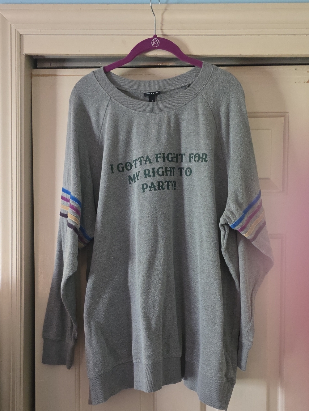 torrid Heather Gray Sweatshirt with Rainbow Striped Sleeves